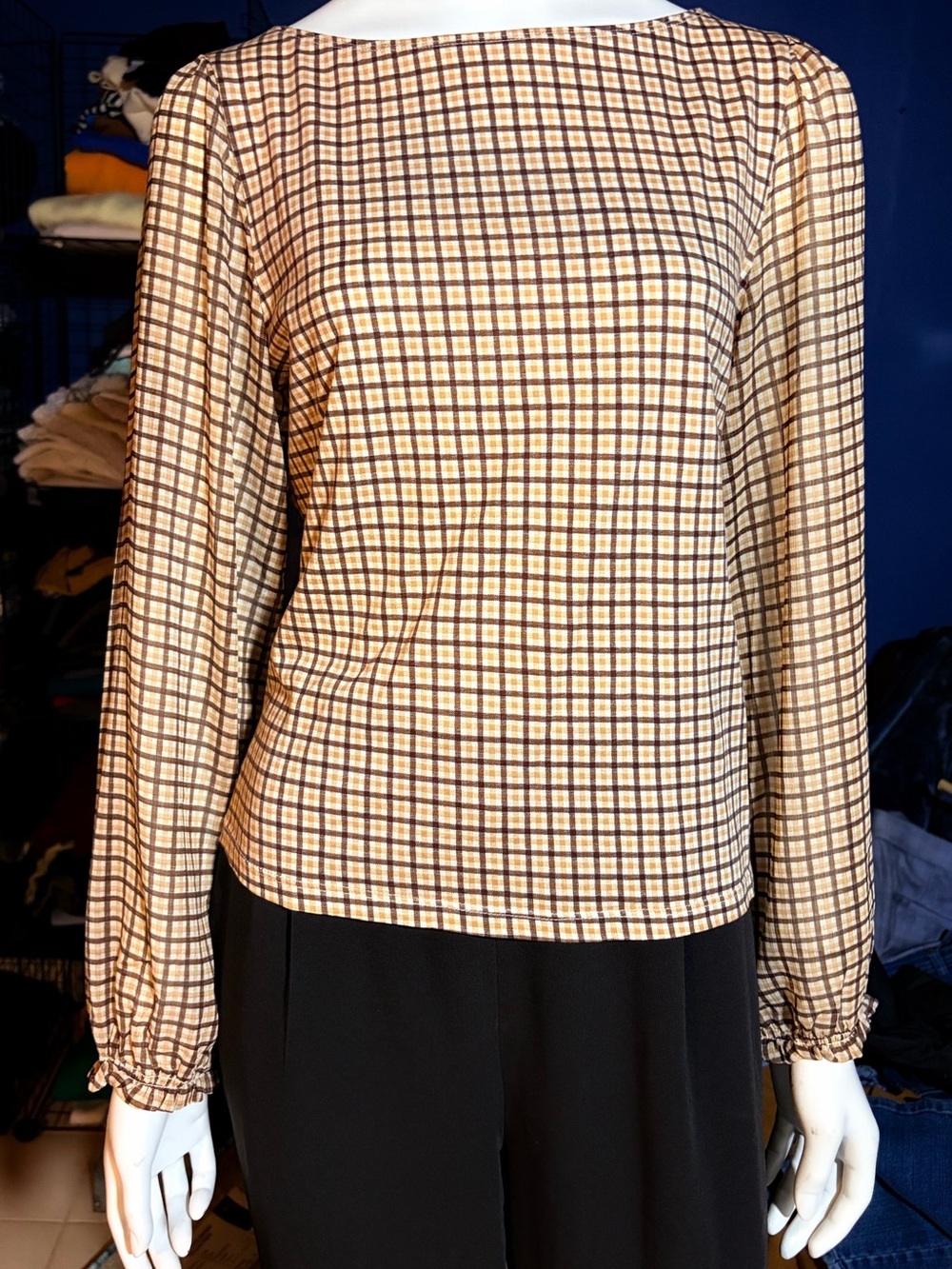 Women’s Lightweight Brown Beige Check Boat Neck Long Sleeve Pullover Blouse Top